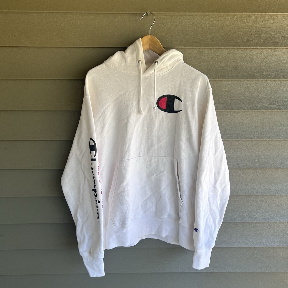 Champion Reverse Weave Hoodie Men's Medium White Big C Logo Spellout Sleeve